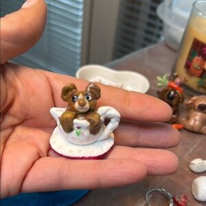 Adorable Brown Bear Figurine in White Teacup